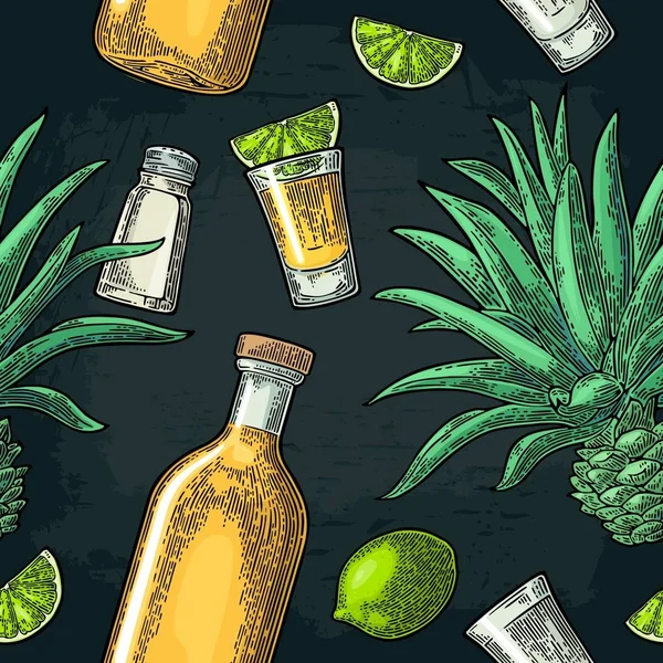 Modèle sans couture de bouteille, tequila en verre, sel, cactus et citron vert — Image vectorielle