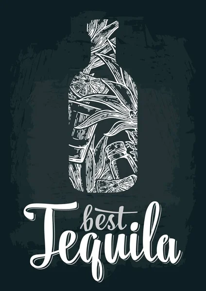 Flaska tequila med glas, kaktus, salt, lime. Bästa Tequila bokstäver. — Stock vektor