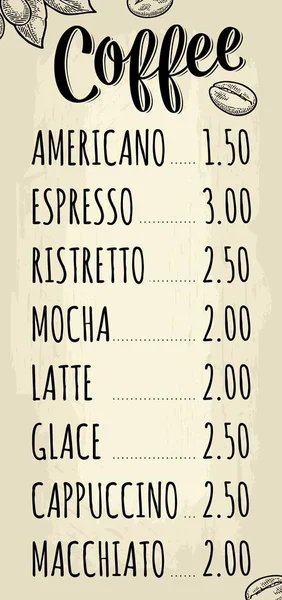 Restaurang eller café meny kaffe drinck med pris. — Stock vektor