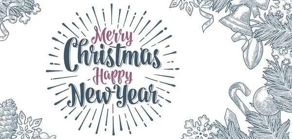 Cartaz horizontal Feliz Natal Feliz Ano Novo feliz caligrafia letras — Vetor de Stock
