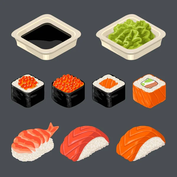 Sushi-Rolle setzen. isoliert auf dunklem Hintergrund. Vektor flache Farbabbildung — Stockvektor