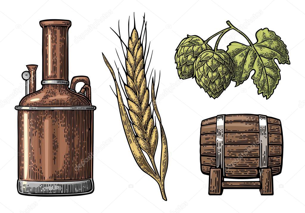 Row of tanks, hop branch with leaf, ear of barley and wooden barrel.