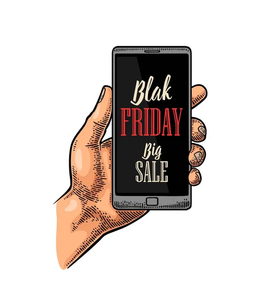 Smartphone hold male hand. Lettered text Black friday BIG SALE.