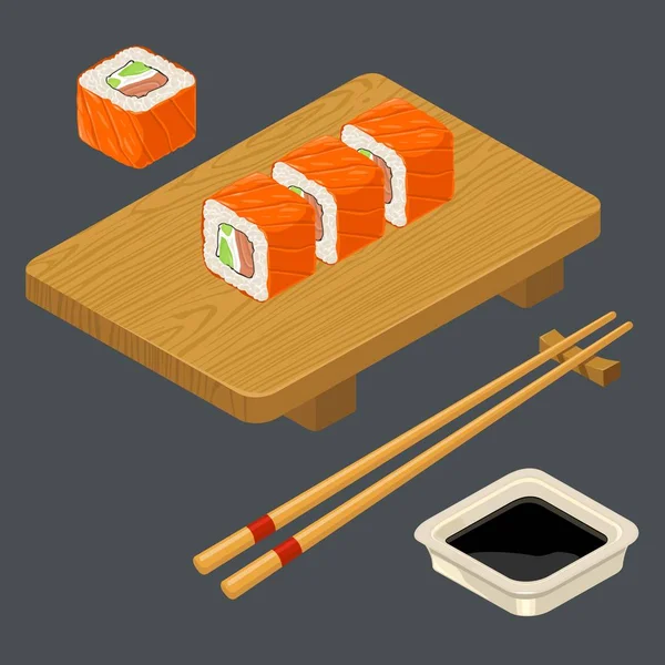 Sushi roll Philadelphia dengan ikan, krim keju, sumpit, papan kayu . - Stok Vektor