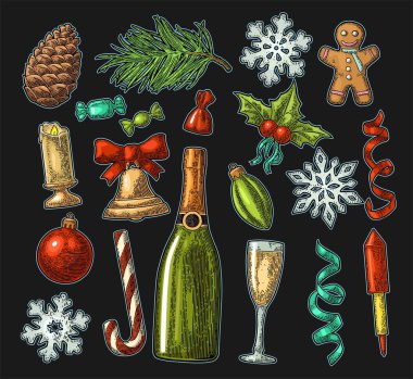 Merry Christmas ve yeni yıl ayarlayın. Vektör vintage renk oyma