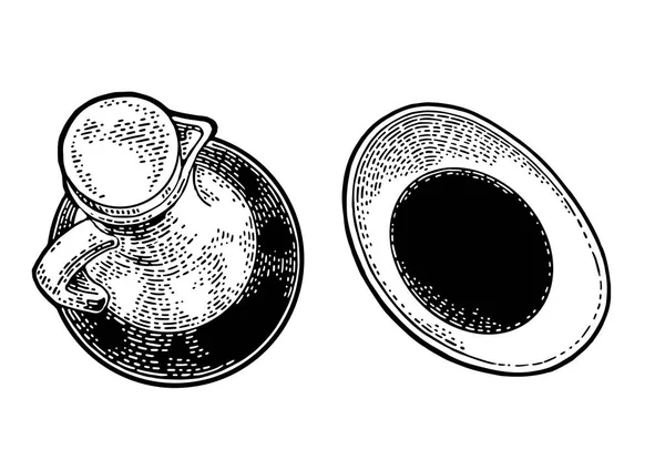 Sauce soja en bouteille et bol en verre. Gravure noire vintage — Image vectorielle