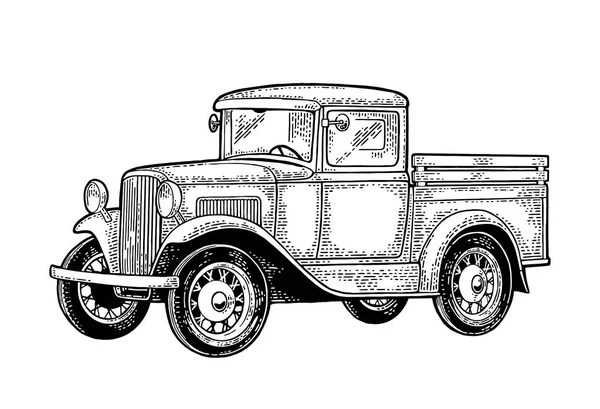 Ρετρό pickup truck. Πλαϊνή όψη. Vintage μαύρο χαρακτική — Διανυσματικό Αρχείο