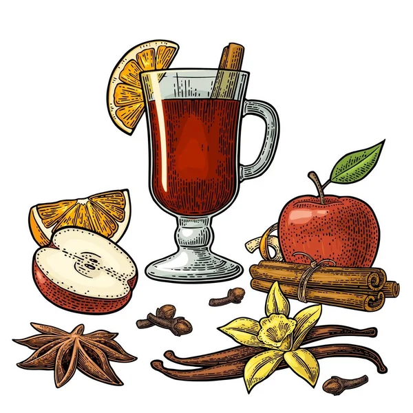 Mulled wine with glass and ingredients. Vector black vintage engraving — Stock Vector