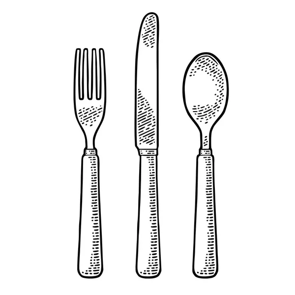 Set di posate con coltelli, cucchiaio e forchetta. Incisione vettoriale vintage — Vettoriale Stock