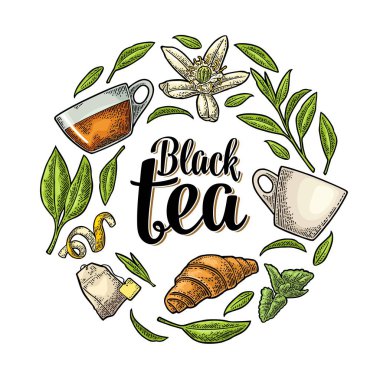 Siyah çay yazı ile ayarlayın. Vektör vintage oyma