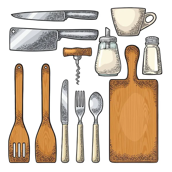 Conjunto de utensílios de cozinha. Gravura Vector vintage —  Vetores de Stock