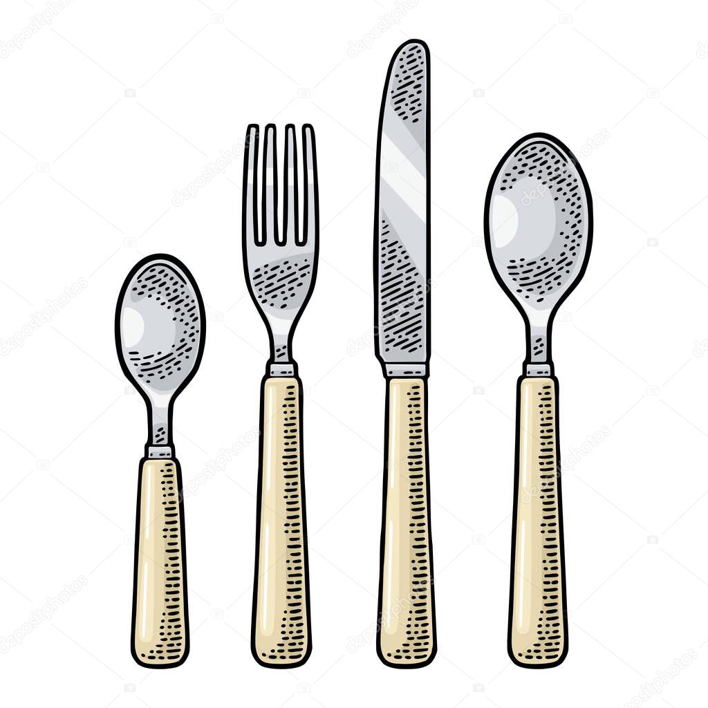 Cutlery set with knifes, spoons and fork. Vector vintage engraving