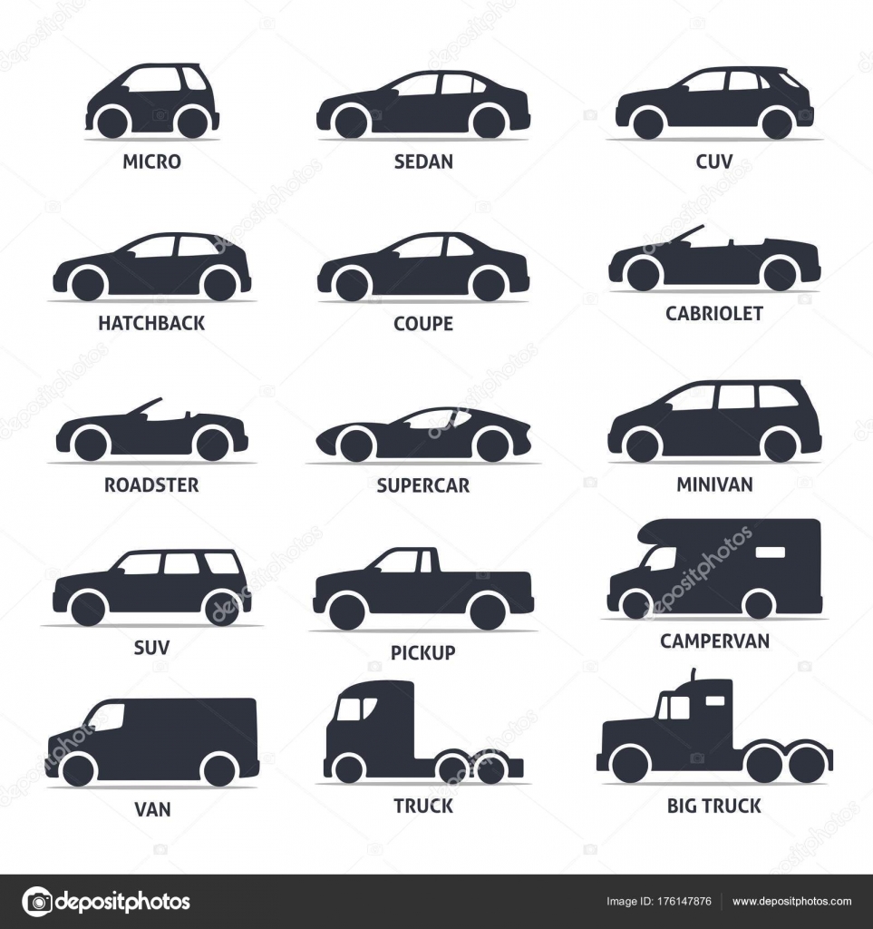 Type De Voiture Et Modèle Icônes D'objets Set, Automobile. Vector  Illustration Noir Isolé Sur Fond Blanc Avec L'ombre. Des Variantes De  Silhouette De Carrosserie Pour Le Web. Clip Art Libres De Droits