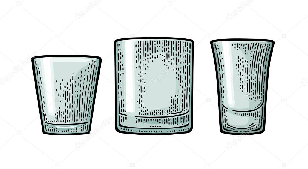 Empty glass vodka, whiskey, rum, tequila. Vector engraving black vintage