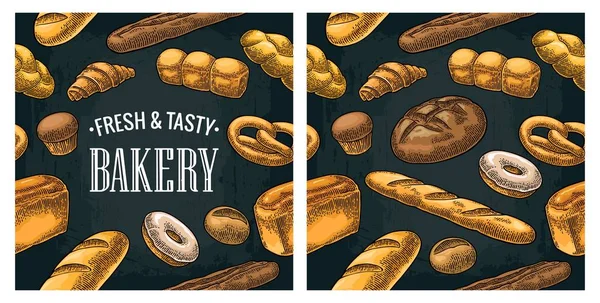 Nahtlose Muster für Bäckerei. Vektor Farbe handgezeichnet Vintage Gravur — Stockvektor