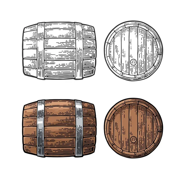 Barril de madera vista frontal y lateral grabado vector ilustración — Archivo Imágenes Vectoriales