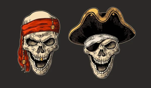 Totenkopf in Piratenkleidung mit Augenklappe, Kapitänsmütze, Kopftuch. Vintage-Gravur — Stockvektor