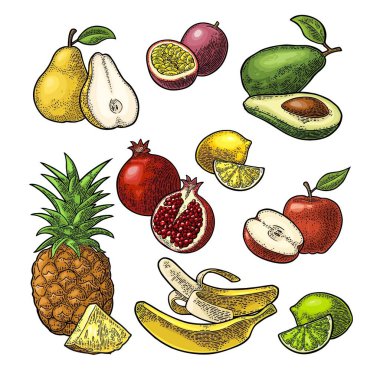 Meyve ayarlayın. Ananas, kireç, muz, nar, maracuya, avokado.