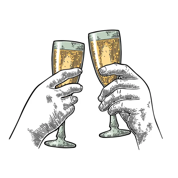 Мужские и женские руки держат и звенят два бокала шампанского . — стоковый вектор