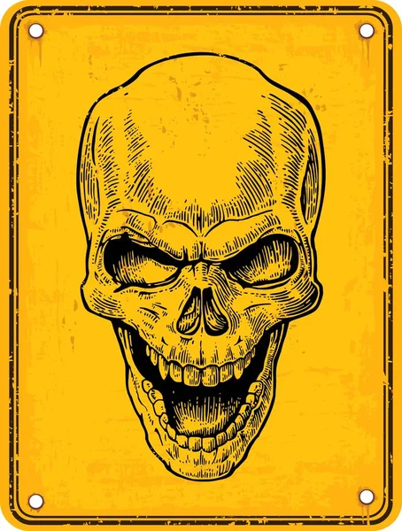 Skull pada tanda bahaya. Ilustrasi vektor warna hitam. Untuk poster dan klub biker tato. Elemen rancangan gambar tangan diisolasi pada latar belakang kuning . - Stok Vektor