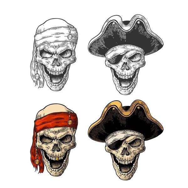 Skull in pirate with clothes eye patch, captainhat, bandana. Vintage engraving — Stock Vector