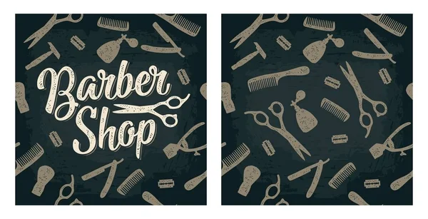 Set di modelli senza soluzione di continuità per BarberShop con lettering — Vettoriale Stock
