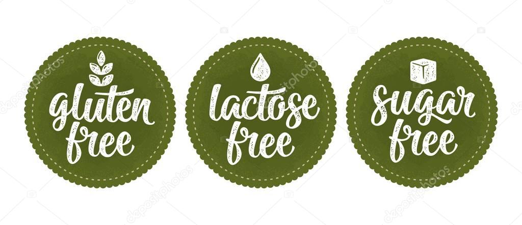 Gluten, lactose, sugar free lettering with leaf, cube, drop. Vector white vintage sign