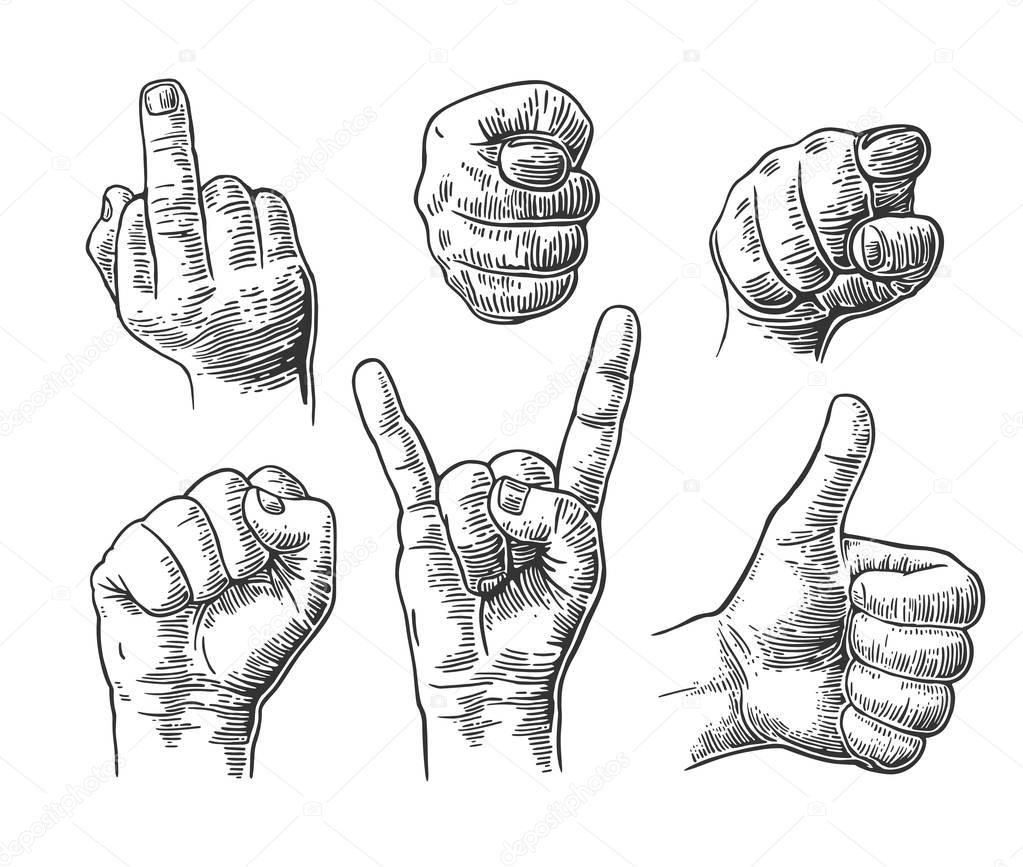 Male Hand sign. Fist, Middle finger up, pointing  at viewer from front,  fig, Rock and Roll.  Vector vintage engraved illustration isolated white background.  
