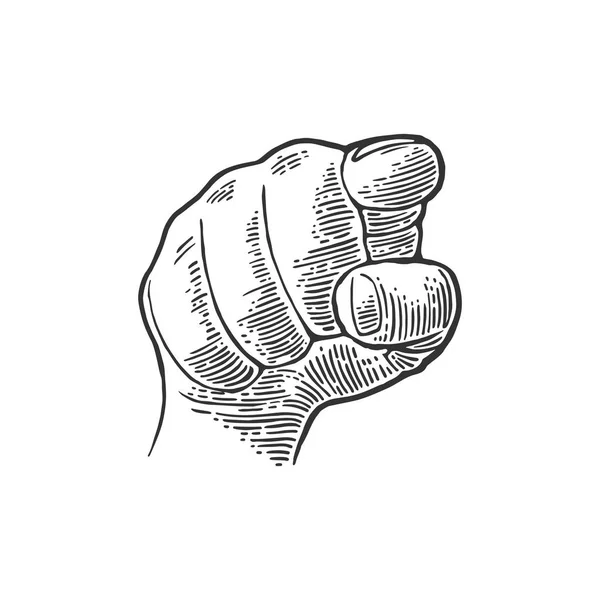 Чоловіча рука показує знак інжиру. Векторна чорна вінтажна гравірована ілюстрація ізольована на білому тлі. Для інтернету, плаката, інформаційної графіки — стоковий вектор