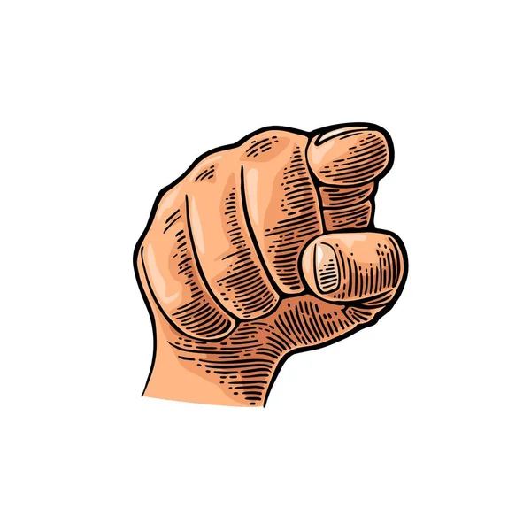 Mano masculina mostrando un signo de higo. Vector negro vintage grabado ilustración aislada sobre un fondo blanco. Para web, póster, infografía — Archivo Imágenes Vectoriales