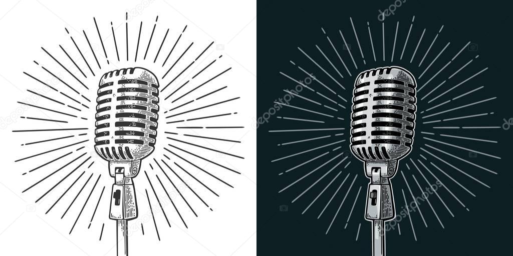 Microphone with ray. Vintage vector black engraving illustration