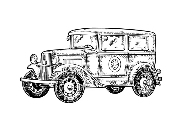 Retro-Polizeiauto-Limousine mit Sheriff-Stern. Gravur in Schwarz — Stockvektor