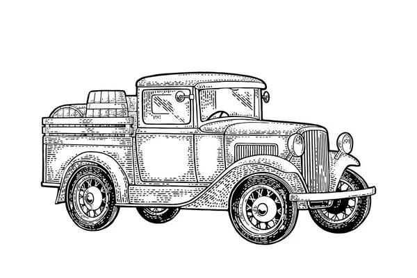 Retro-Pickup mit Holzfass. Seitenansicht. Gravur in Schwarz — Stockvektor
