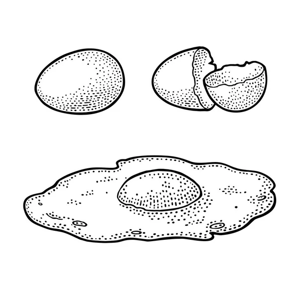 Œuf frit et coquille cassée. Illustration de gravure noire vintage — Image vectorielle