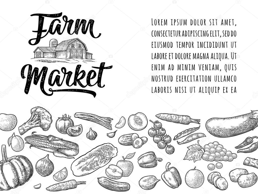 Farm market calligraphic lettering with hangar. Vector engraving vintage