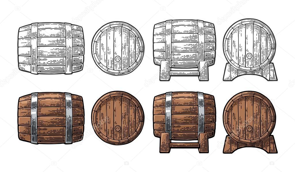 Wooden barrel front and side view engraving vector illustration