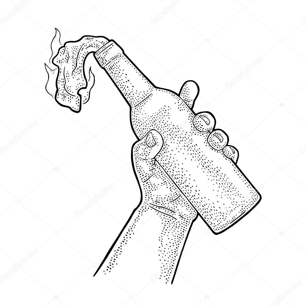 Male hand holding Molotov Cocktail. Engraving vintage vector illustration.