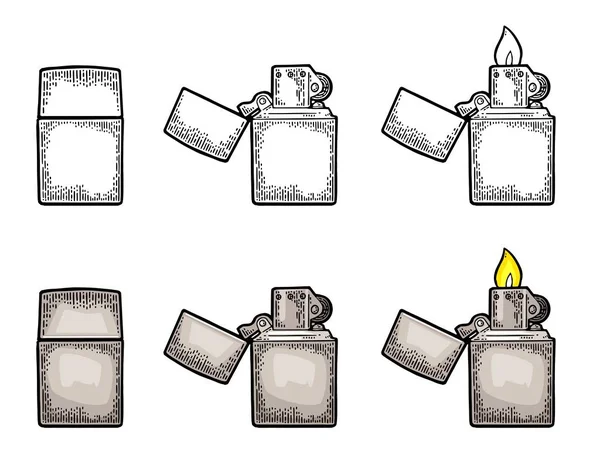 Зажигалка открывается и закрывается. Векторная винтажная выгравированная черная иллюстрация на белом фоне . — стоковый вектор