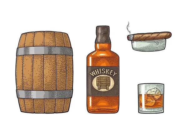 Vidrio de whisky con cubos de hielo, barril, botella y cigarro . — Vector de stock