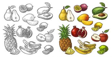 Meyve ayarlayın. Ananas, kireç, muz, nar, maracuya, avokado.