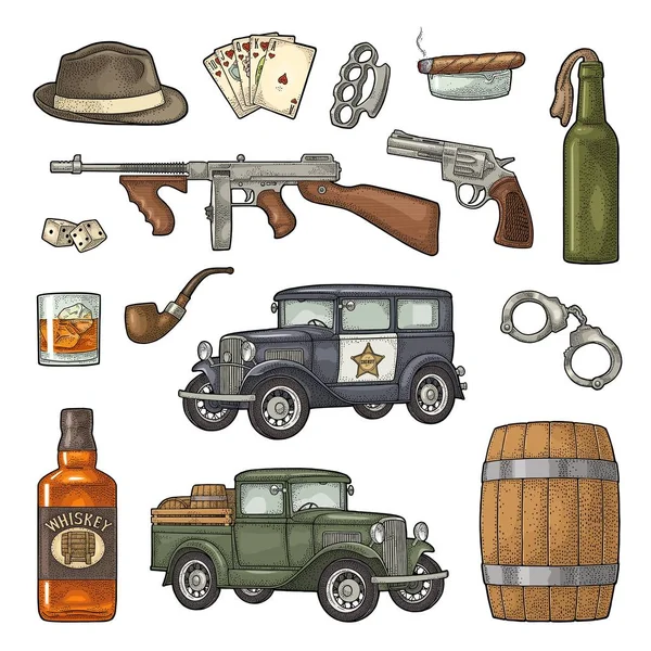 Gangster mafia set. Engraving vintage vector black illustration. — Stock Vector