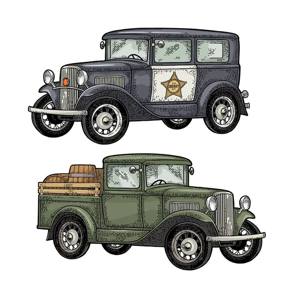 Retro-Polizeiauto und Pickup mit Fass. Vintage-Gravur — Stockvektor