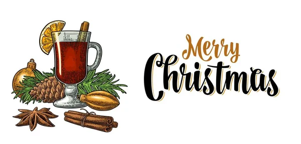 Vin chaud avec verre et ingrédients. Joyeux Noël lettrage calligraphique . — Image vectorielle