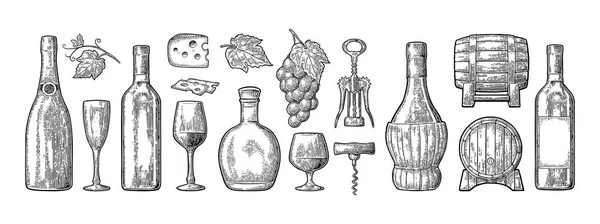 Nastavte nápoje vyrobené z hroznů. Víno, brandy, šampaňské — Stockový vektor
