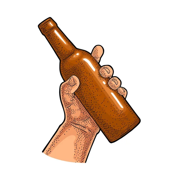 Man och kvinna händer som håller, flaska spottar med öl glas, — Stock vektor