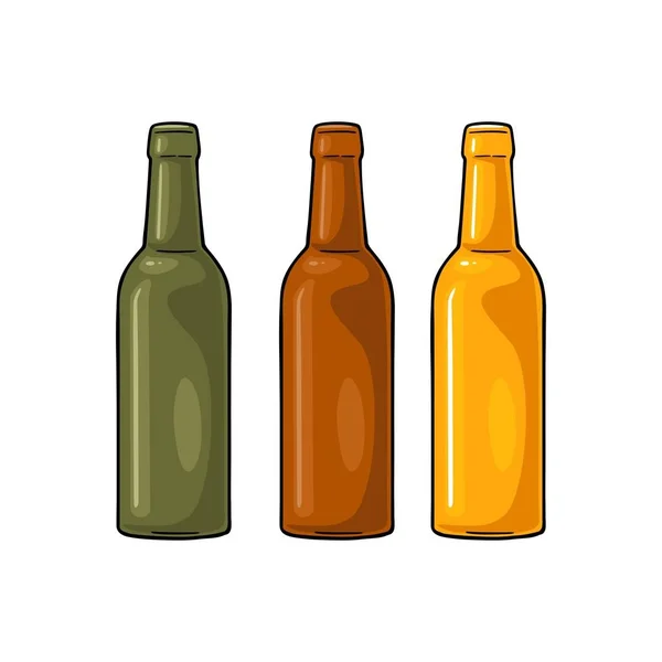 Offene Bierflaschen mit grünem, gelbem und braunem Glas — Stockvektor