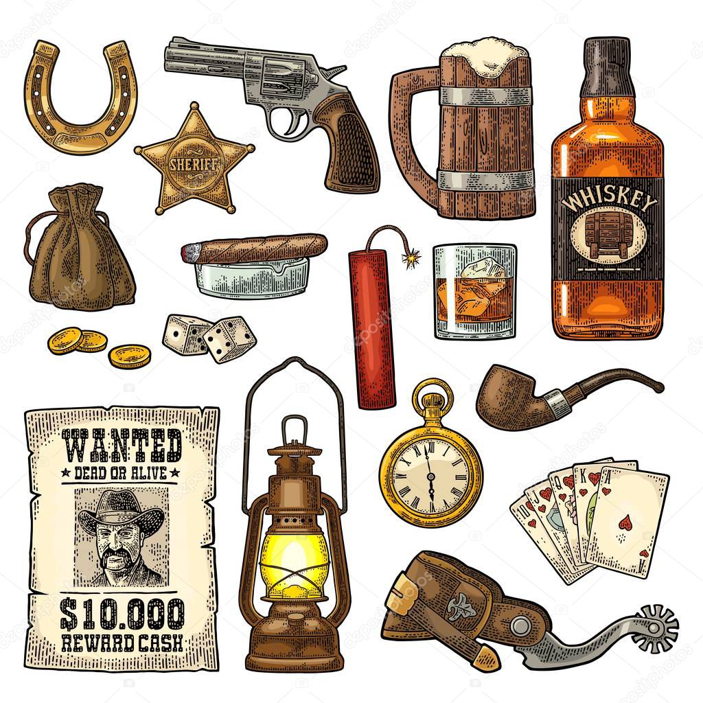 Set with Wild West and casino symbols. Vector vintage engraving black illustration