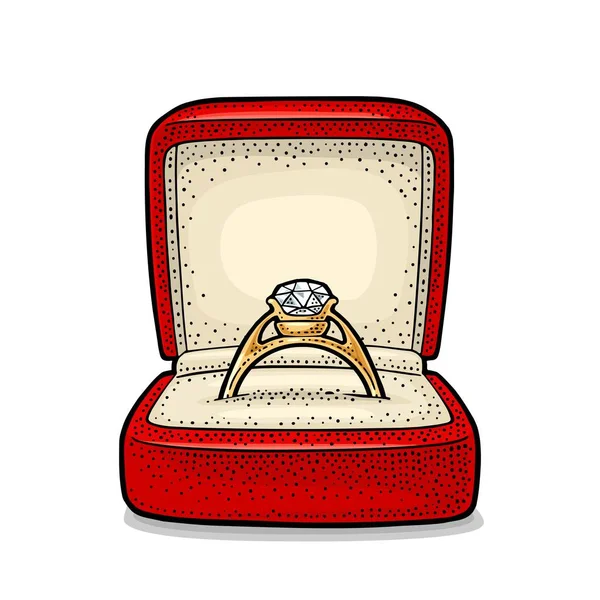 Bague de mariage avec diamant dans une boîte cadeau. Illustration de gravure vectorielle couleur vintage — Image vectorielle