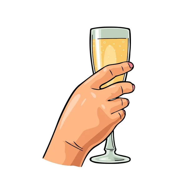 Hand Halten Glas Champagner Vektor Farbe Flache Illustration Für Web — Stockvektor