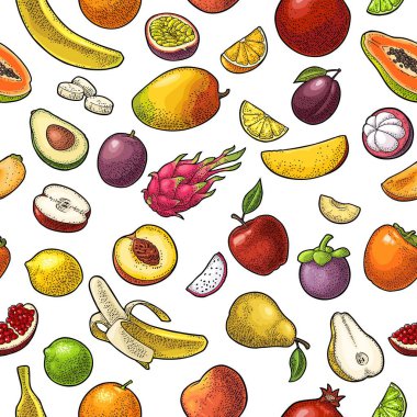 Tropikal meyve ayarlayın. Vektör renk vintage oyma beyaz izole